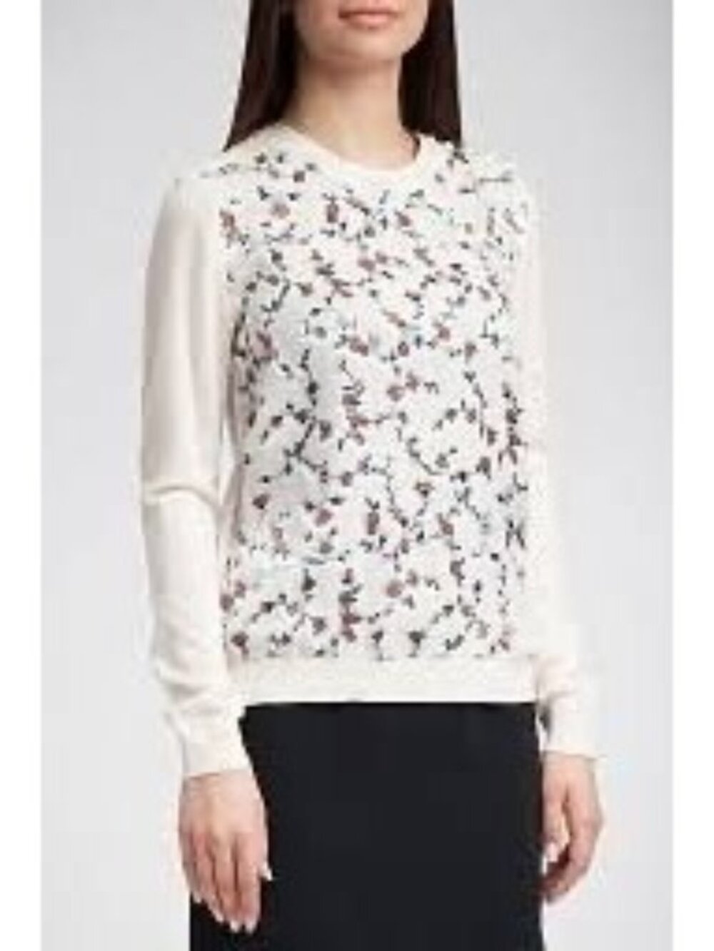 Tory Burch Cream Knit Top Small Embroidered Floral Long Sleeve Sheer Mesh Front